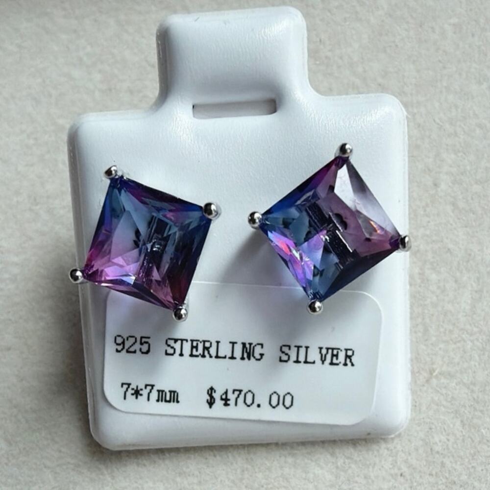 Princess Cut, Mystic Blue & Purple, Moissanite, Sterling Silver, Stud Earrings